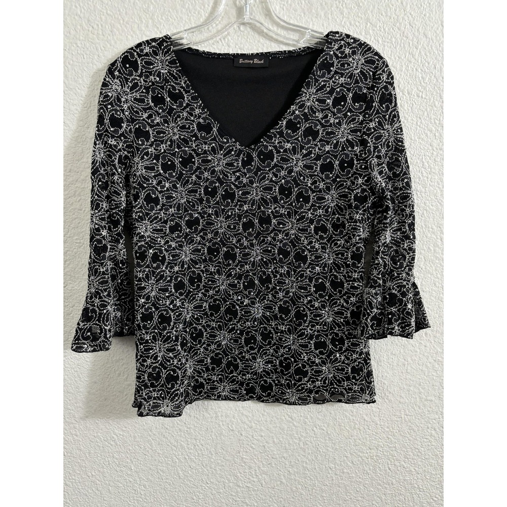Brittany Black Blouse Womens Small Black Embroidered Floral Glittery Mesh Y2K